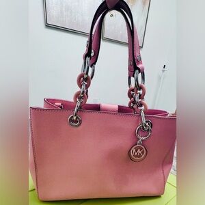 Michael Kors Cynthia MD Satchel Pale Pink with Silver & Pink Chain Bag